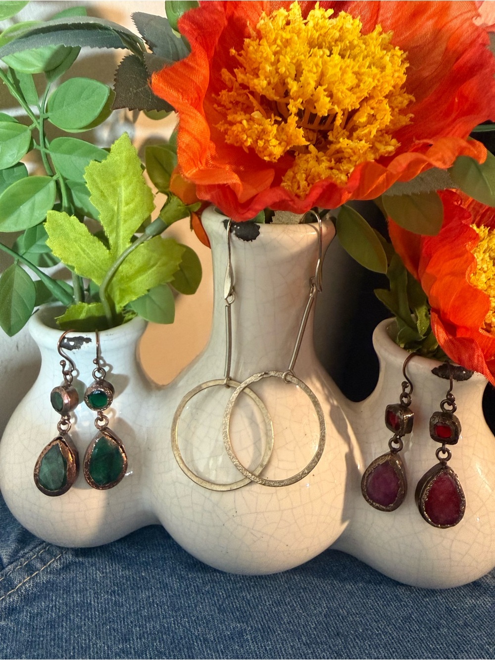 3 Pairs Unique Earrings-Magenta Gem, Emerald Gem, Drop Hoops!!